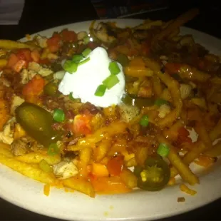 Irish nachos with chicken; yes I know it's French fries.