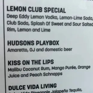 menu for lemon club special