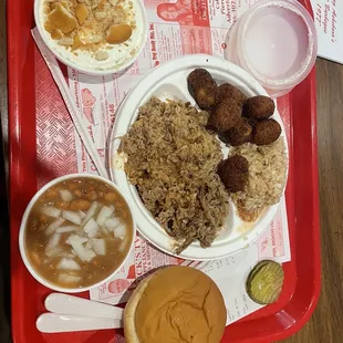 Pork plate finely chopped with pinto beans and raw onions, vanilla puddin