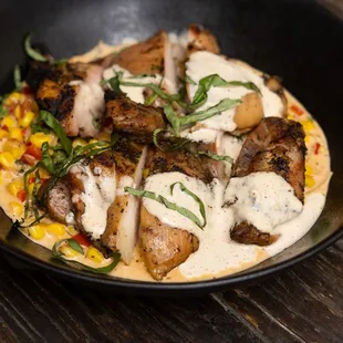 Grilled Chicken, Maque Choux, Alabama White Sauce