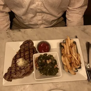 Steak and frites with collard greens