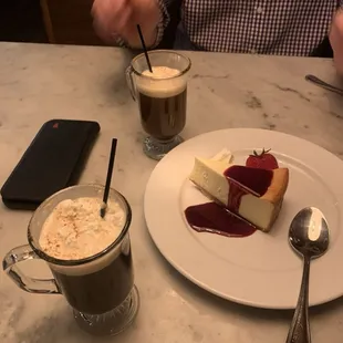 Cheesecake with Raspberry sauce &amp; Spanish coffee.  Yum!!!