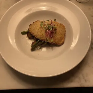 Atlantic salmon over asparagus and roasted potatoes