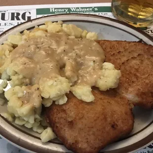 Petite schnitzel and spaetzle. (But no lemon wedge?)!