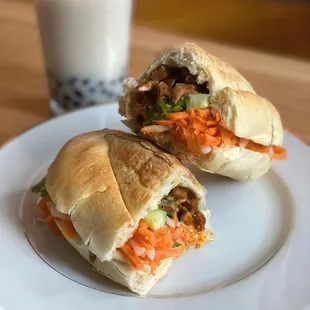 Almond Green Tea  Vegetarian Pork Sandwich