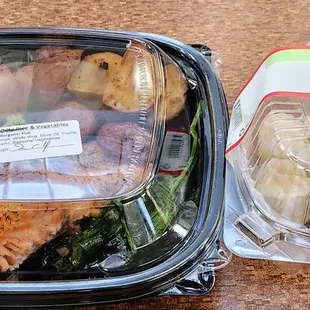 Salmon with potatoes and broccoli. Shrimp shumai dumplings