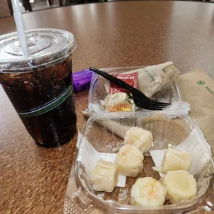 Shrimp dumplings and diet Pepsi .