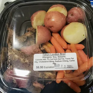 Take out Tokyo London Broil with new potatoes and baby carrots