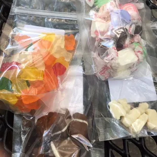 Sugar free gummy bears, taffy, sugar free chocolates and banana something or other gummies.