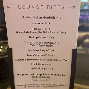 New Lounge Bites Menu