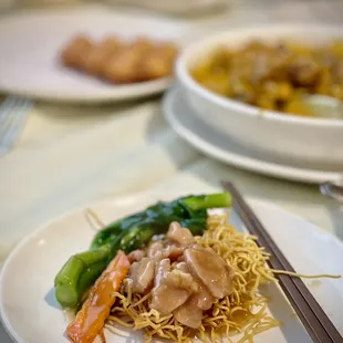 Pan fried crispy noodle with chicken and veggie