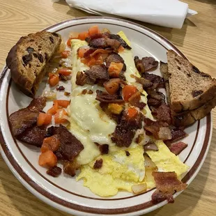 BYO Omelet - bacon, tomato and opinion with Swiss cheese