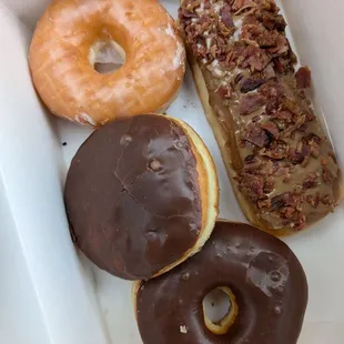 Original glaze, chocolate cream, chocolate glaze, maple bacon