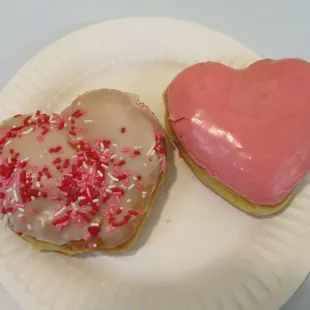 Two heart shaped donuts