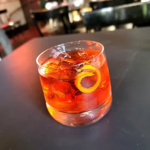 Banana Boulevardier- Four Roses bourbon, Dolan dry vermouth, Campari, and Giffard Banane du Brésil. Tasty $15 cocktail. Sweet with a bite.