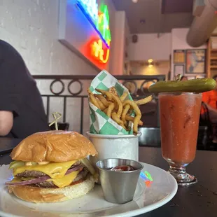 Double Smash Burger, Fries, Bloody Mary