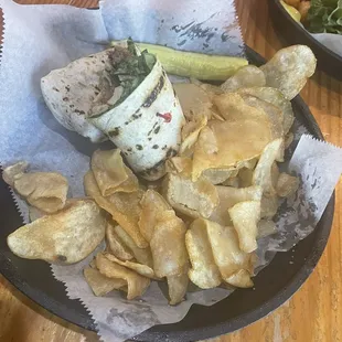 Chicken ceaser salad wrap w/ raw fries - a little floppy.
