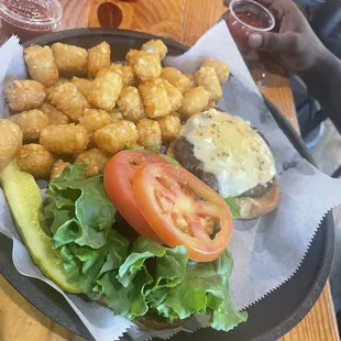 Build your own burger w/ tots.