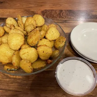 Fried Pickles appetizer - with ranch dipping sauce - $6.99 - super piping hot out of the fryer - so good and large shareable portion size!