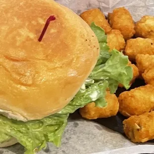 Mushroom bacon Swiss burger with tots