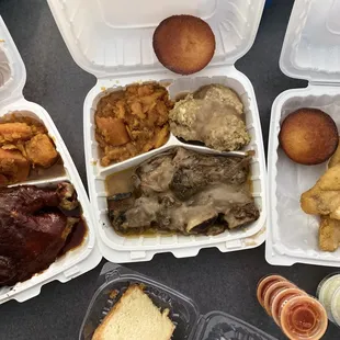 1/2 BBQ Chicken, Baked Turkey Wings in Gravy, Sweet Potatoes, Cornbread Muffin, Stuffing with Gravy