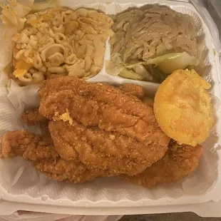 Catfish dinner , Mac and cheese with cabbage. yum