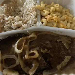 Liver &amp; Onions  White rice Mac &amp; cheese and cornbread(Not in Pic) also thrown away