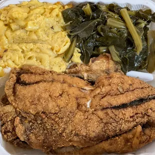 Fried Whiting with Mac &amp; cheese and Greens