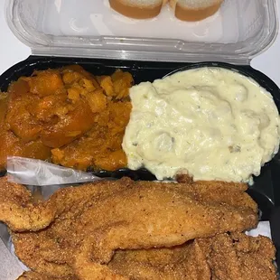 Fried CatFish meal with Candied Yams and Potato Salad