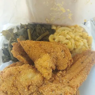 Fried trout, collard greens, macaroni and cheese