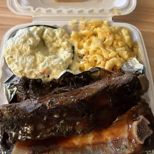 Beef BBQ Ribs, Macaroni and Cheese, and Potato Salad