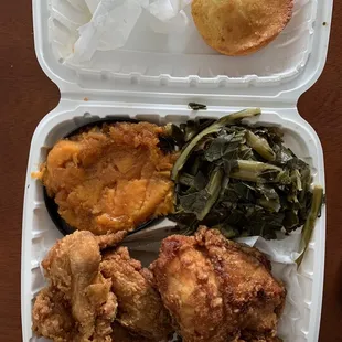 Fried 1/2 Chicken, Candied Yams, Collard greens, Cornbread