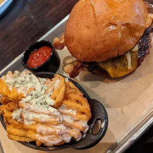 BBQ bacon burger and gorgonzola fries.