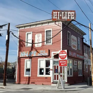 a red building on a corner