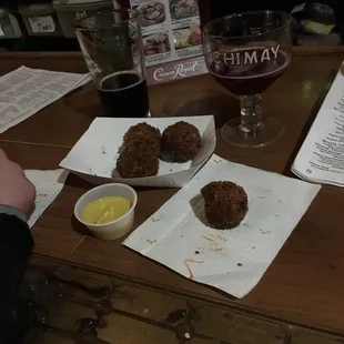 Boudin balls, Lindemans Framboise, and Breckenridge Vanilla Porter. Some of our favorites!!