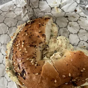 Everything bagel with veggie cream cheese.