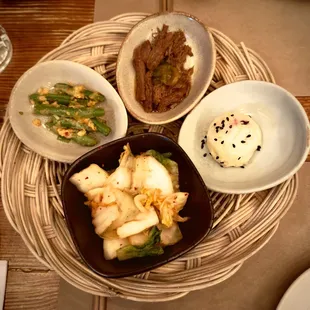 Banchan - beef, potato salad, kimchi, green bean