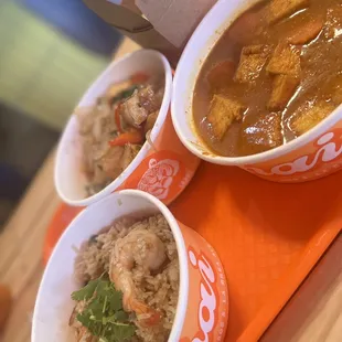 Fried rice, yellow curry, drunken  noodles
