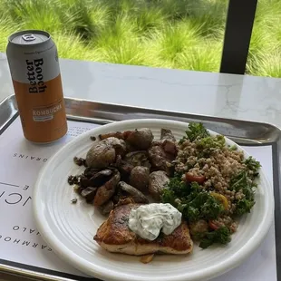 Seared Sustainable Salmon with sides of Summer Farro Salad and Salt Roasted Smashed Potatoes. Probably my favorite lunch recently!