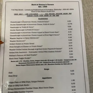 Menu with prices including tax