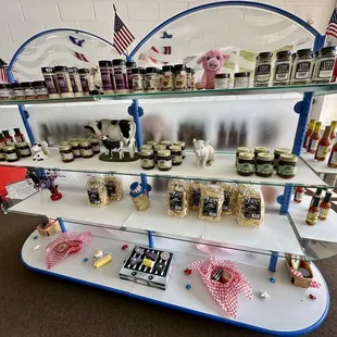 Shelves of seasonings, jams, noodles, etc.