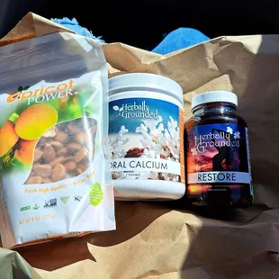 the contents of a meal in a paper bag