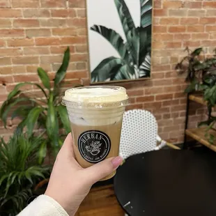 Iced Honeycomb Latte with oat milk and Cinnamon Cold Foam