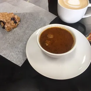 Berry scone, large hot vanilla latte, cup of meatball soup