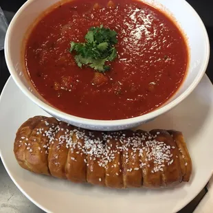 Vegan tomato soup with a pretzel roll. The soup was simply amazing.