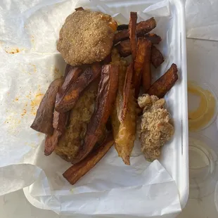 Oyster Mushrooms BBQ Sweet Potato Fries 2 Salm'n Patties Fysh Fry