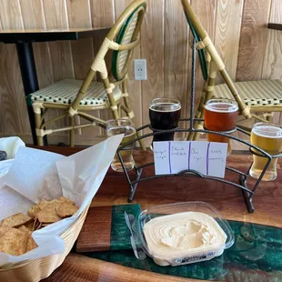 a basket of pita chips and dip