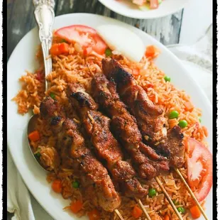 Jollof Rice x Suya Skewers.  Opt - Beef, Chicken, Ram, Shrimp?