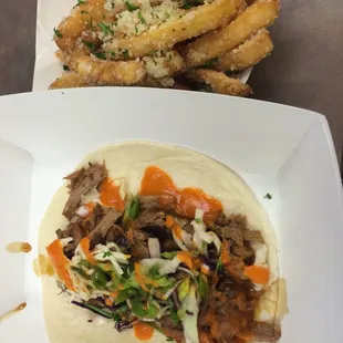 Asian taco with small parm fries