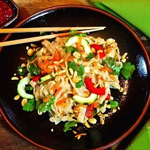 My Shiratake noodles with fresh cucumber, carrot, red pepper and a tahini, peanut dressing.